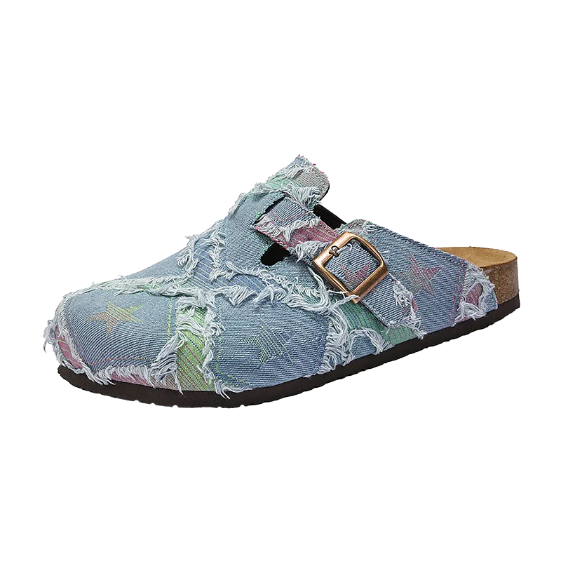 Denim Star-Print Cork Clog Mules – Unisex