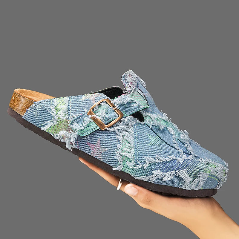 Denim Star-Print Cork Clog Mules – Unisex