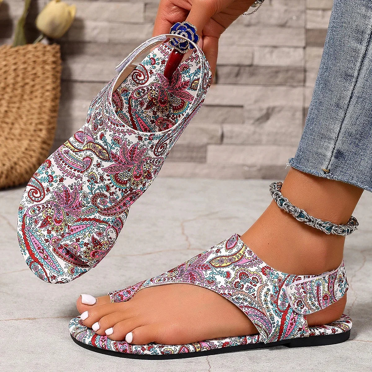 Women's Boho Paisley Toe-Ring Wedge Sandals