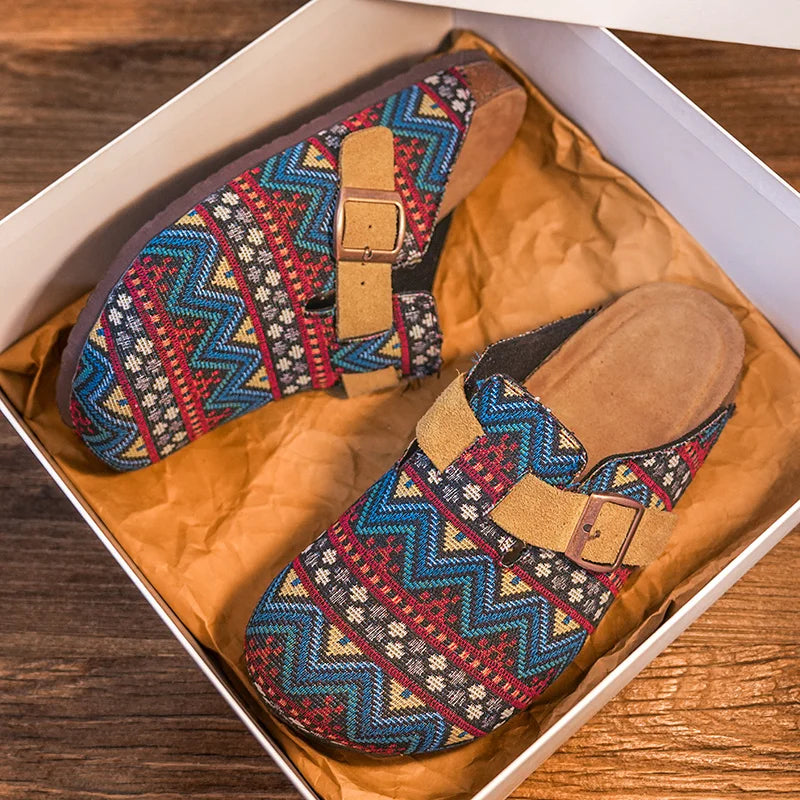Men's Ethnic Print Cork Clog Mules