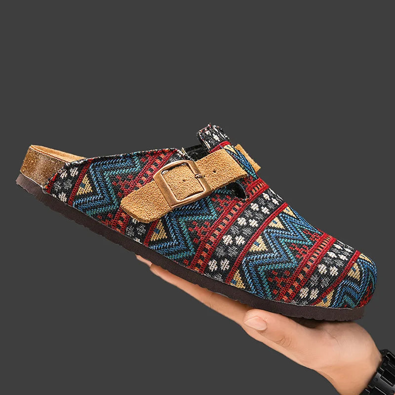 Men's Ethnic Print Cork Clog Mules