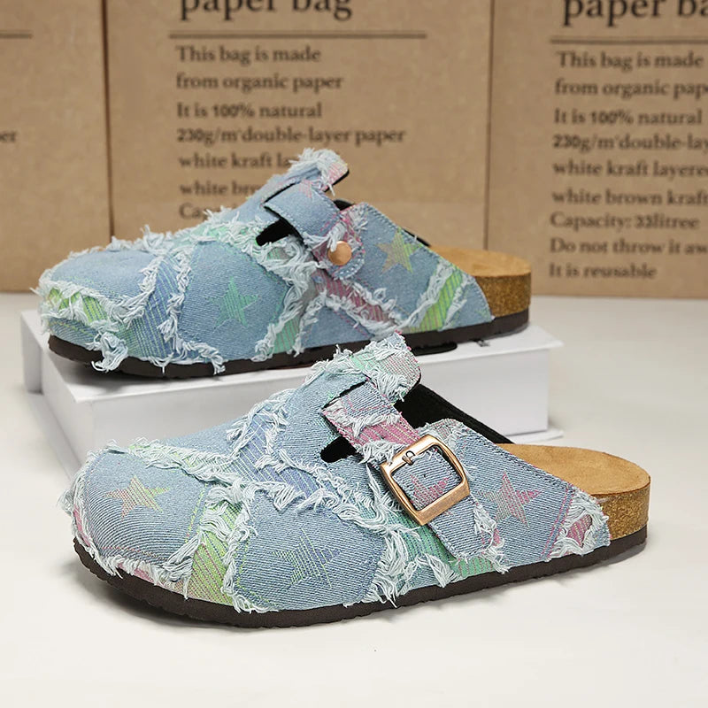 Denim Star-Print Cork Clog Mules – Unisex