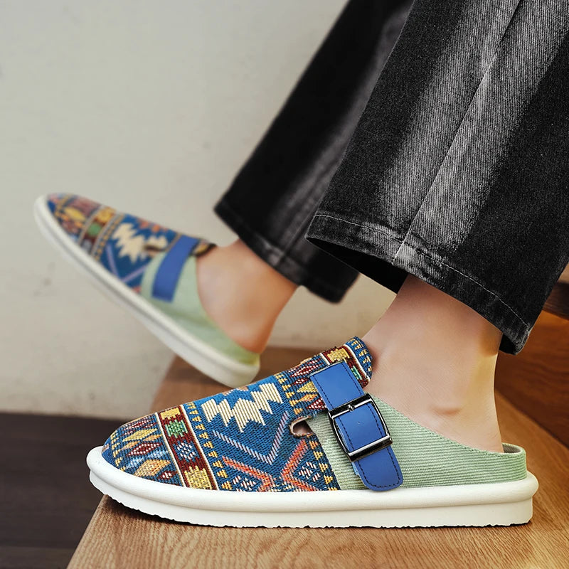 Men's Aztec Canvas Buckle Clog Mules