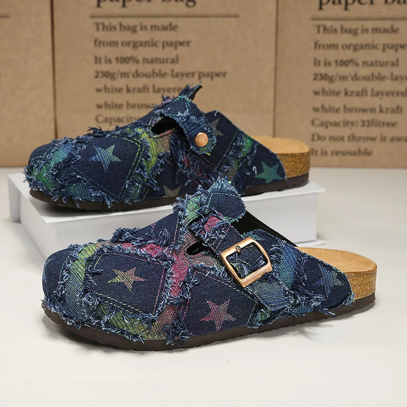 Denim Star-Print Cork Clog Mules – Unisex
