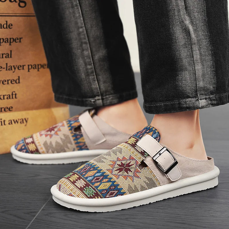 Men's Aztec Canvas Buckle Clog Mules