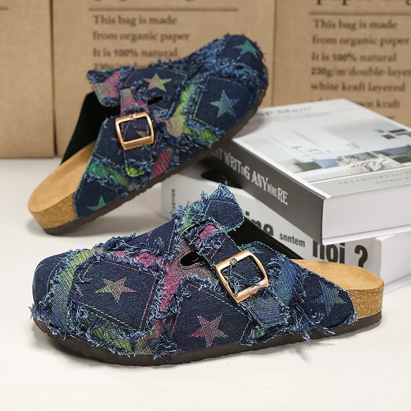Denim Star-Print Cork Clog Mules – Unisex