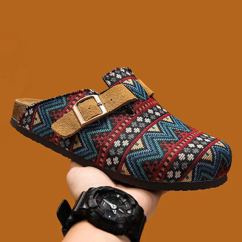 Men's Ethnic Print Cork Clog Mules