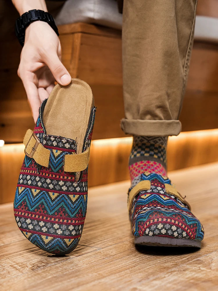 Men's Ethnic Print Cork Clog Mules