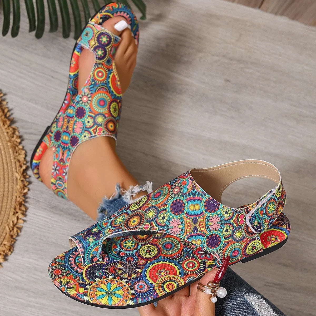 Women's Boho Paisley Toe-Ring Wedge Sandals