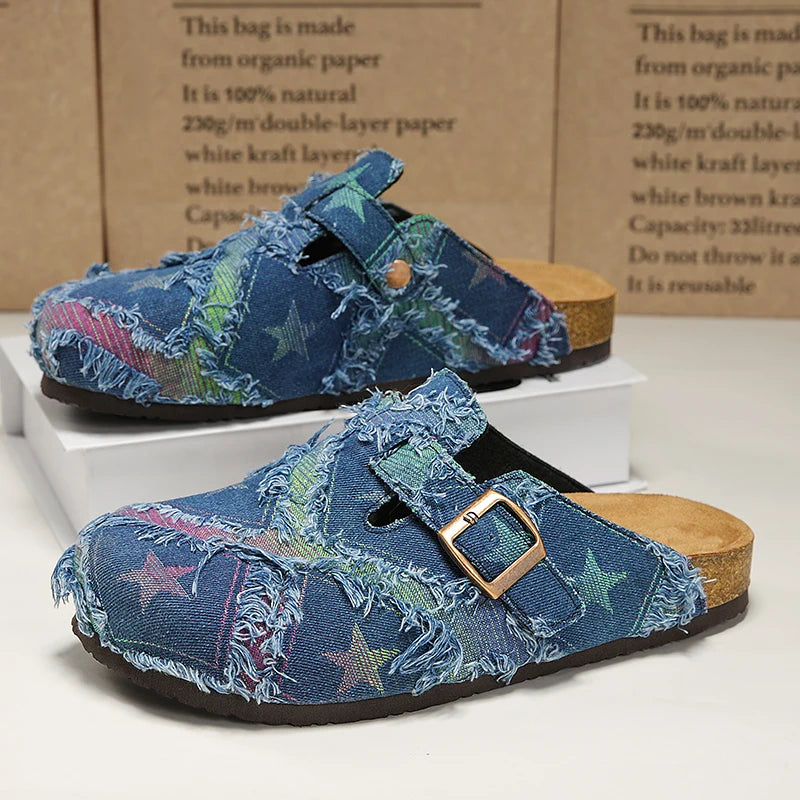 Denim Star-Print Cork Clog Mules – Unisex