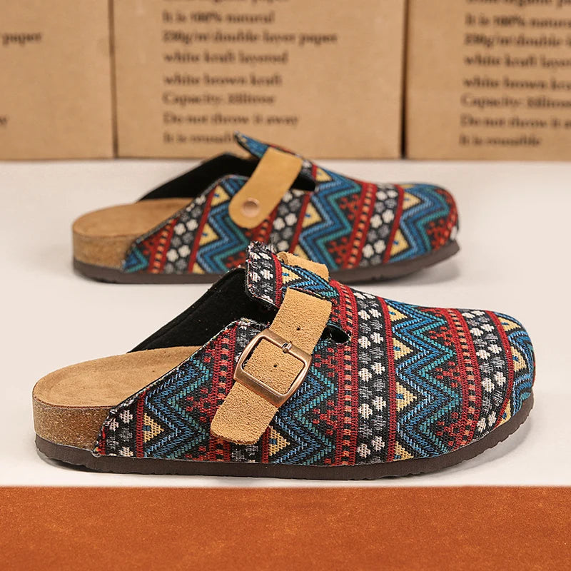 Men's Ethnic Print Cork Clog Mules