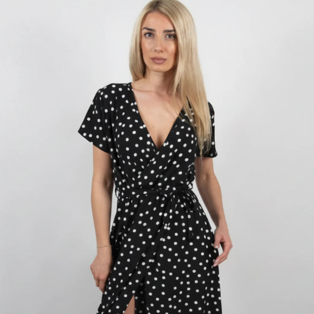 Women V Neck Short Sleeve Slit Summer Dress
