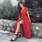 Women V Neck Short Sleeve Slit Summer Dress