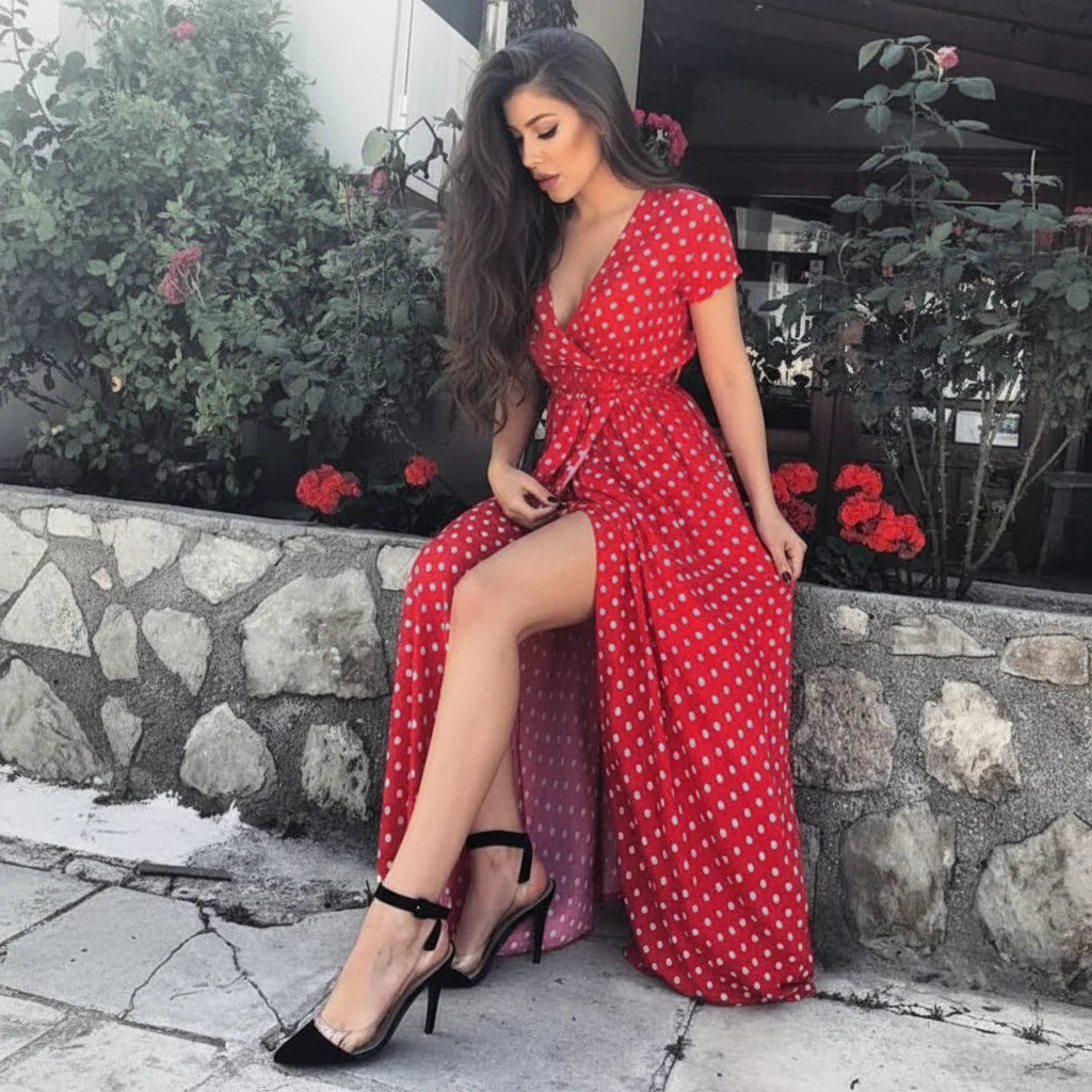 Women V Neck Short Sleeve Slit Summer Dress