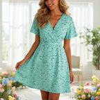 Women's Floral Wrap Dress Short Sleeve Summer Casual Dress