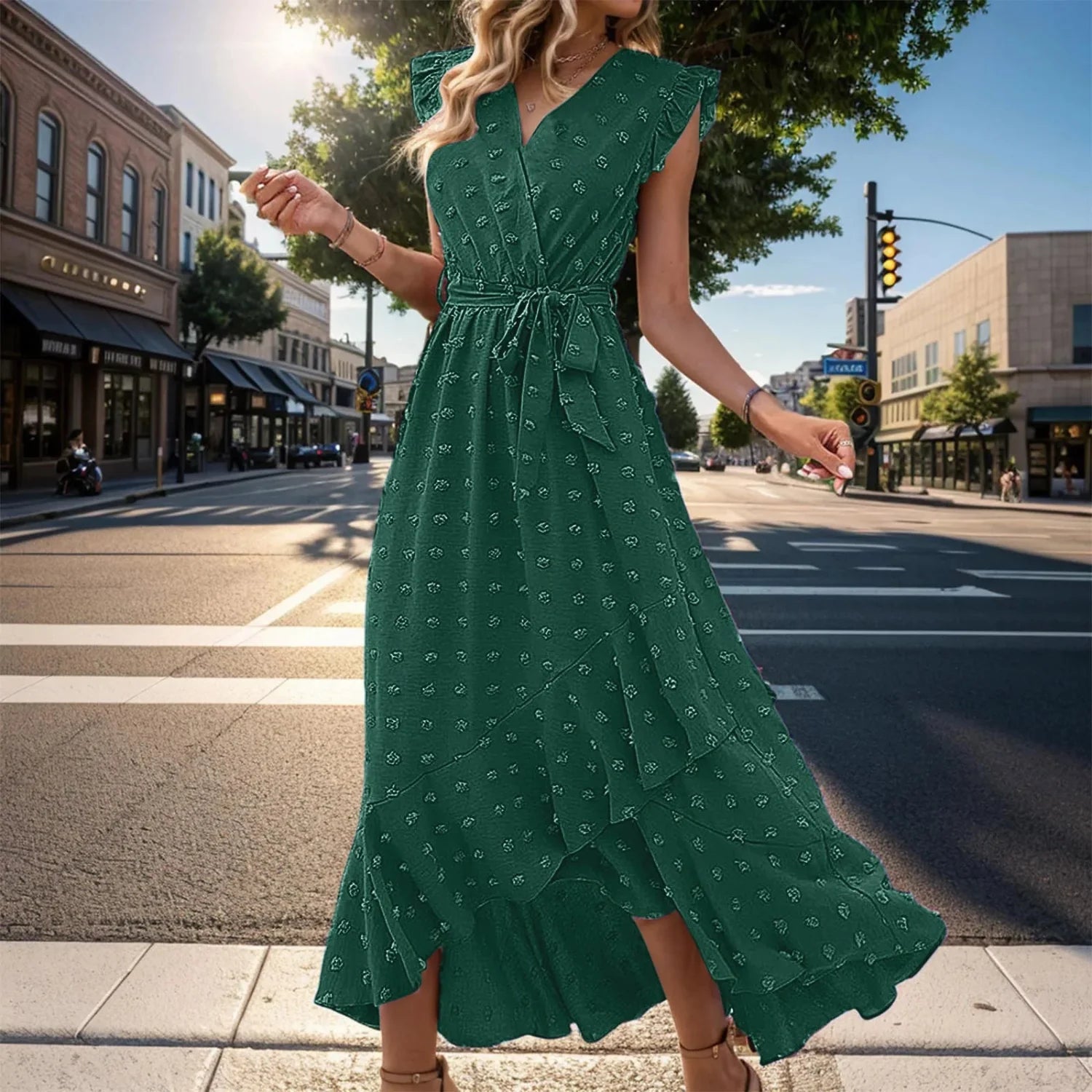 Women’s Wrap V Neck Ruffle Sleeve Midi Summer Dress