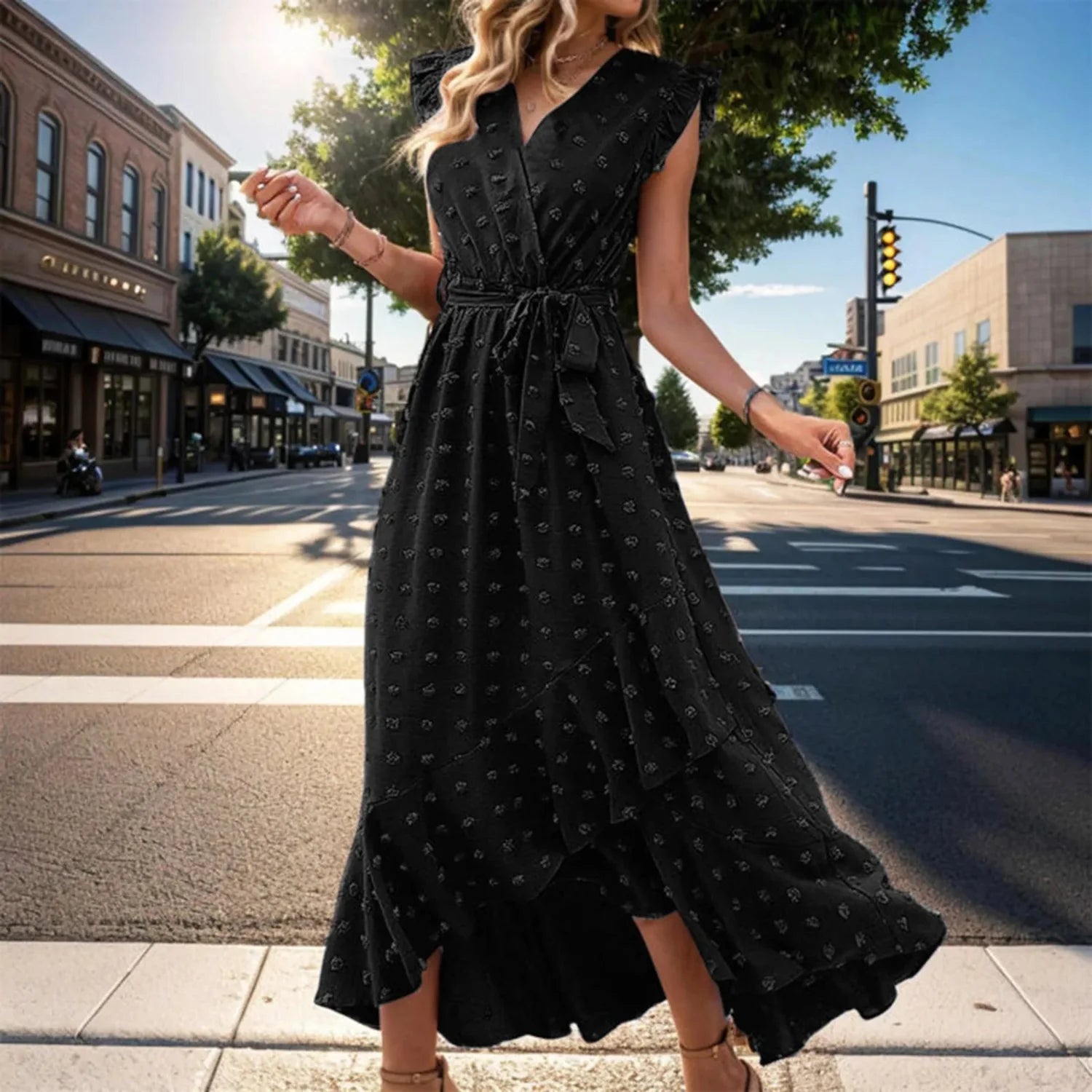 Women’s Wrap V Neck Ruffle Sleeve Midi Summer Dress