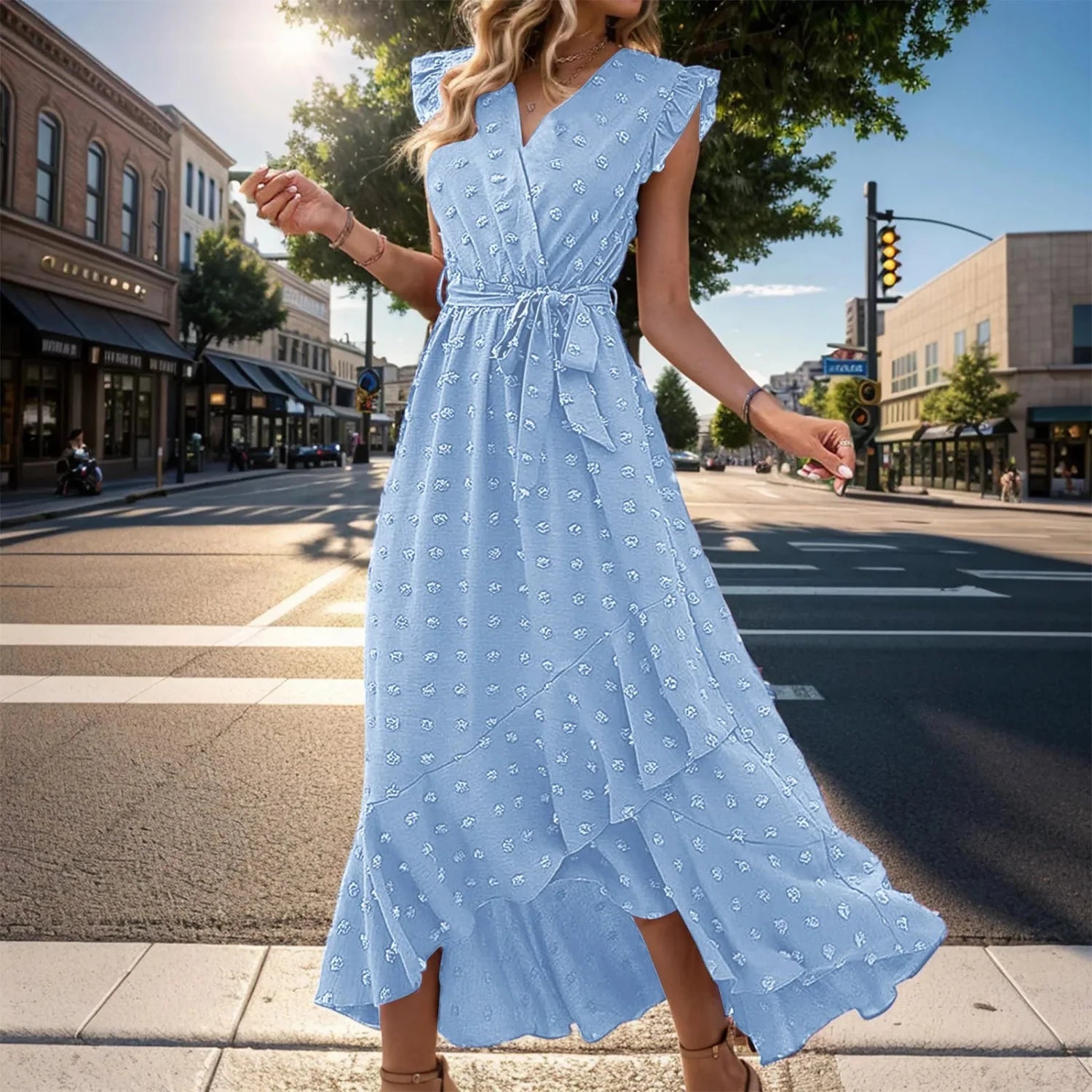 Women’s Wrap V Neck Ruffle Sleeve Midi Summer Dress