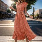 Women’s Wrap V Neck Ruffle Sleeve Midi Summer Dress