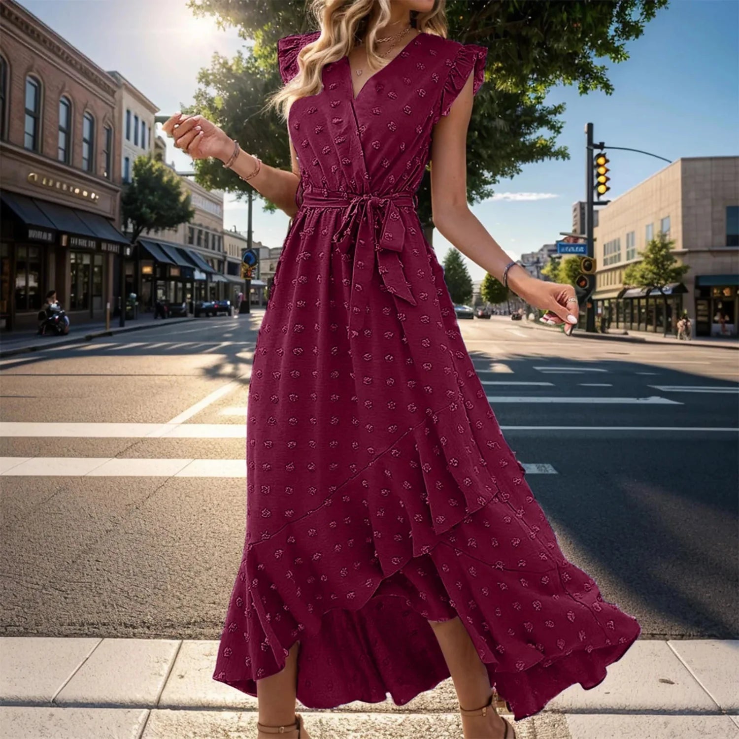 Women’s Wrap V Neck Ruffle Sleeve Midi Summer Dress