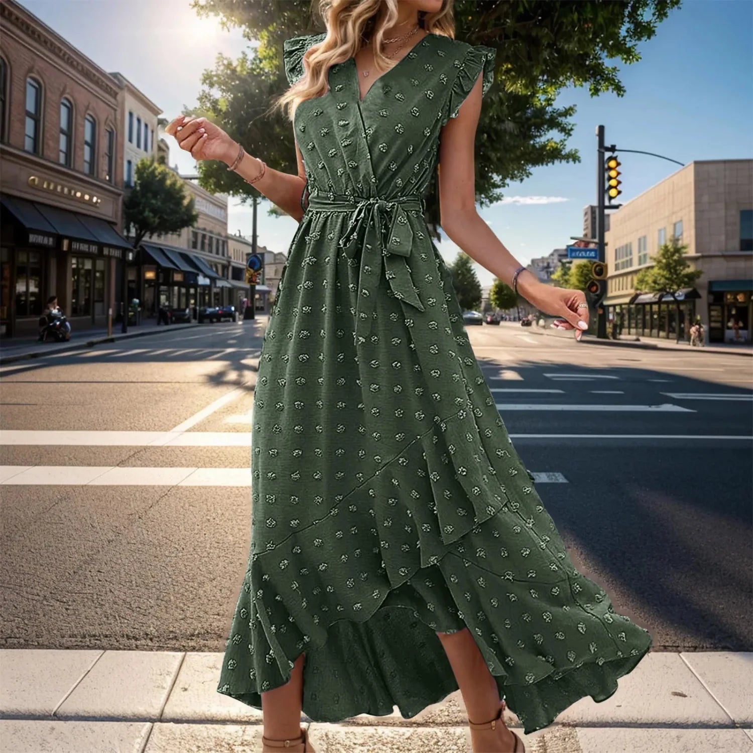 Women’s Wrap V Neck Ruffle Sleeve Midi Summer Dress
