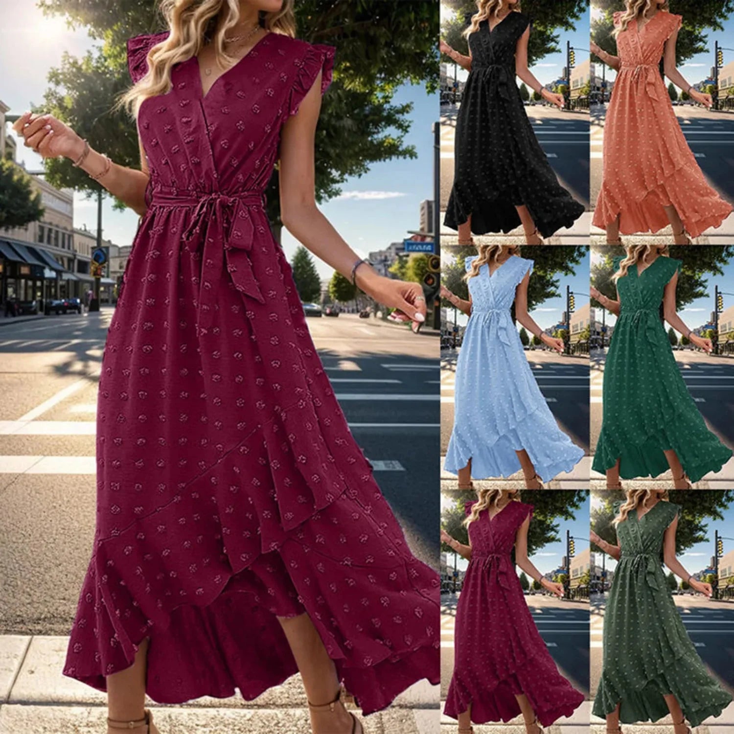 Women’s Wrap V Neck Ruffle Sleeve Midi Summer Dress