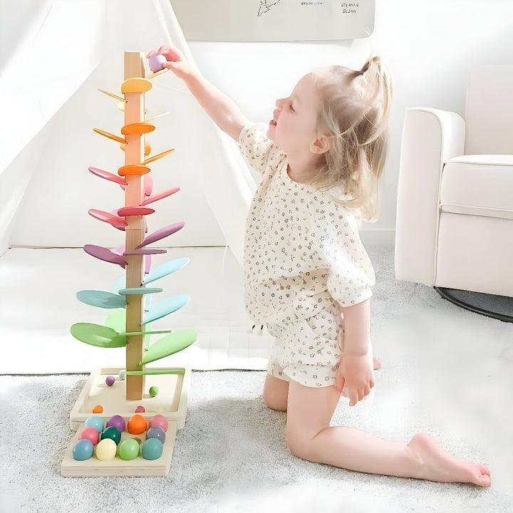 Wooden Marble Run Tree Toy with Colorful Leaf Tracks for Kids