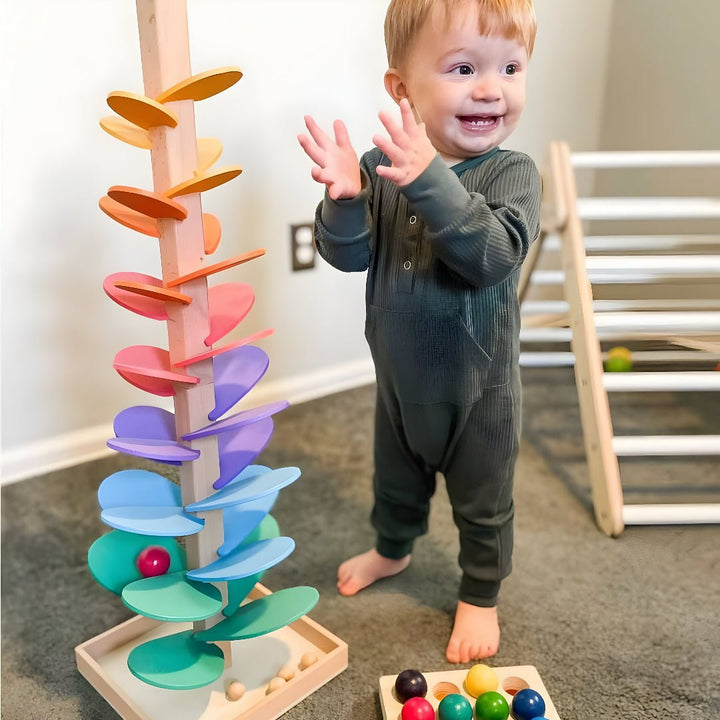 Wooden Marble Run Tree Toy with Colorful Leaf Tracks for Kids