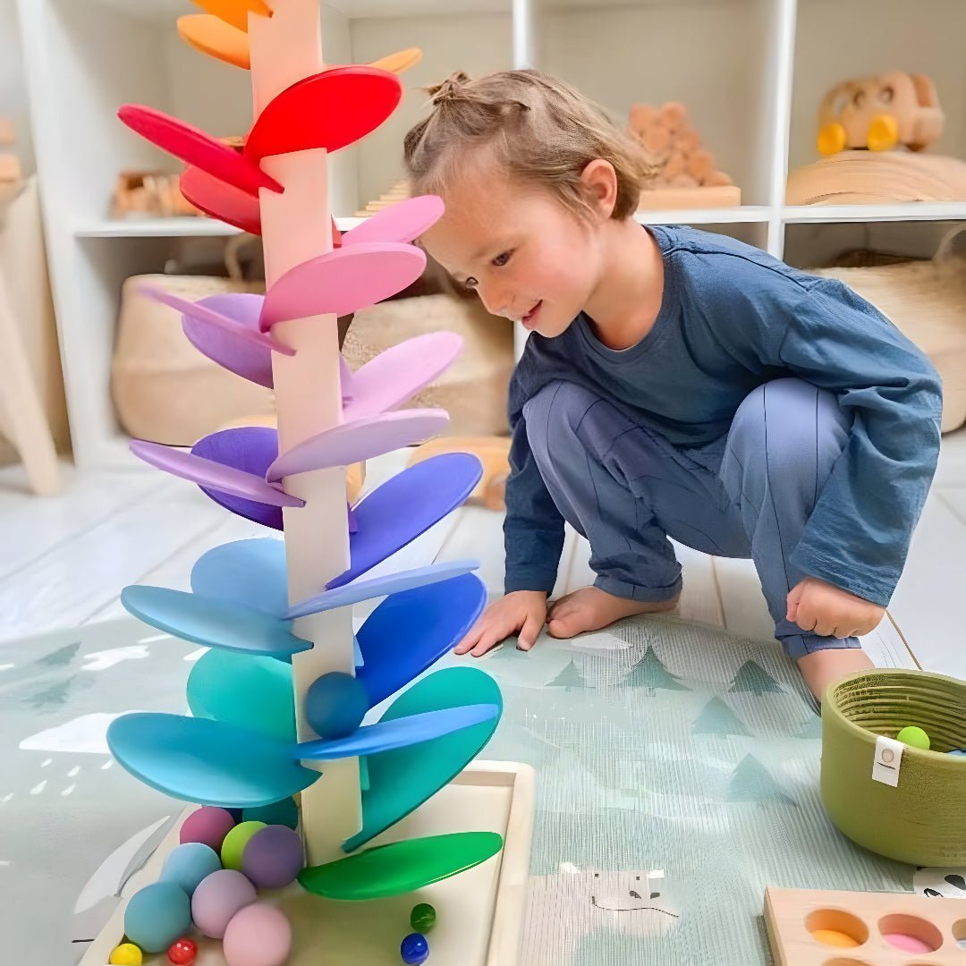 Wooden Marble Run Tree Toy with Colorful Leaf Tracks for Kids