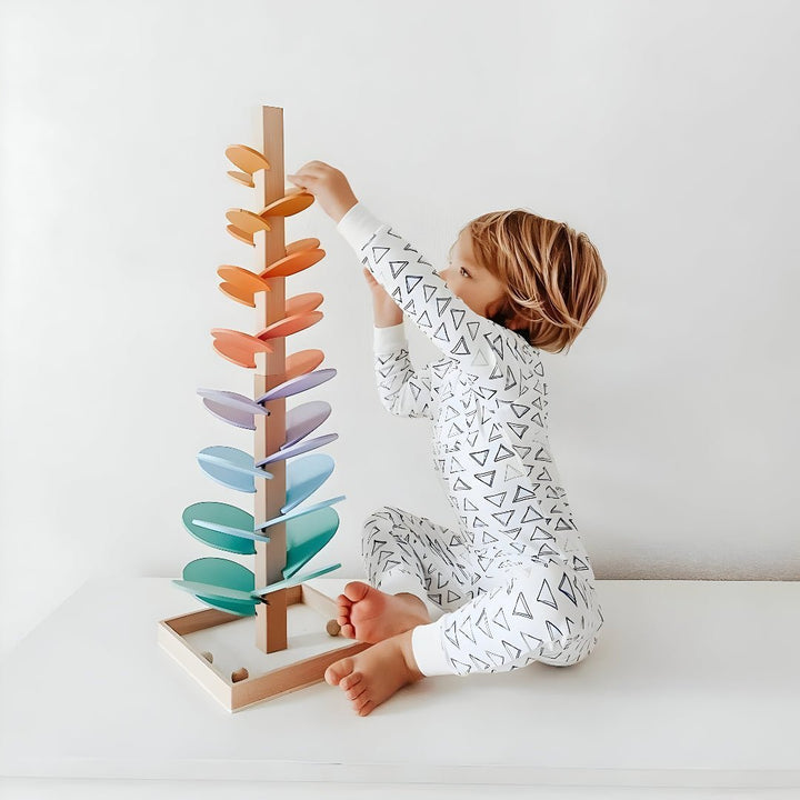 Wooden Marble Run Tree Toy with Colorful Leaf Tracks for Kids