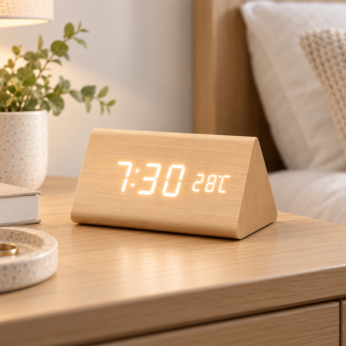 Digital LED Wooden Clock Modern Alarm Clock for Bedroom