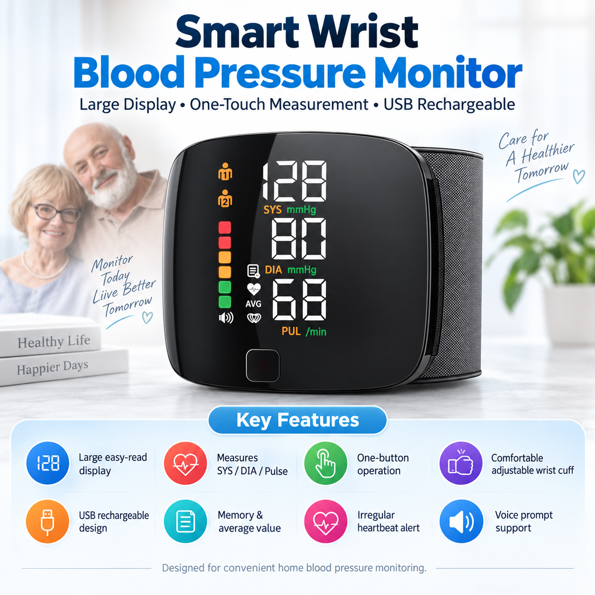 Wrist Blood Pressure Monitor Rechargeable with Voice and LCD