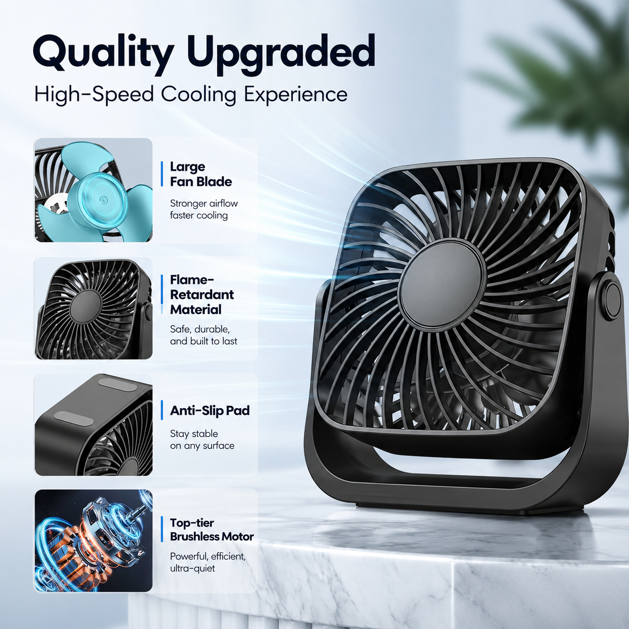 USB Mini Portable Desk Fan 4 Inch 3 Speed Quiet 360 Adjustable