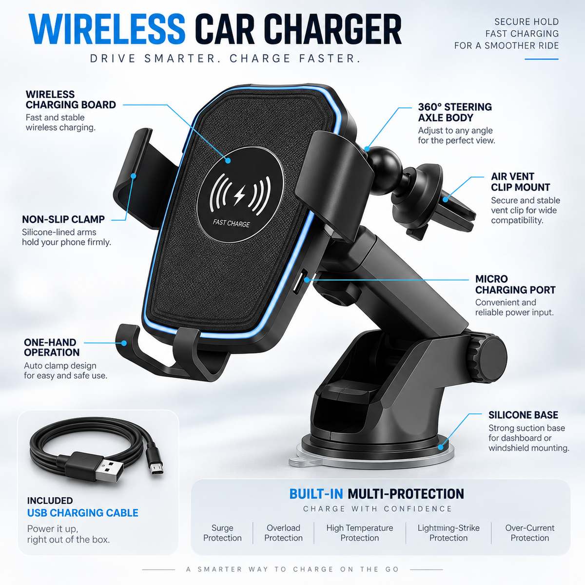 Wireless Phone Car Charger Fast Charging Auto Mount