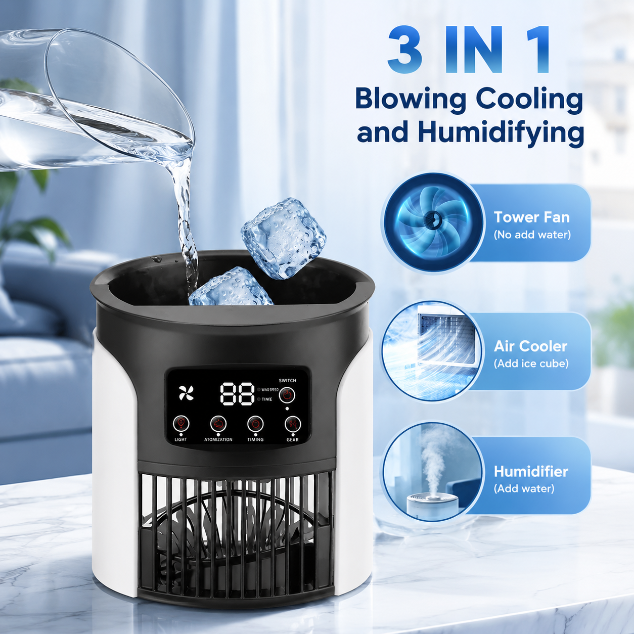 Portable 3-in-1 Air Conditioner Fan Air Cooler Humidifier with Night Light