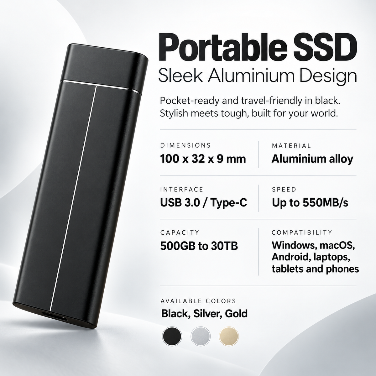 Portable SSD External Hard Drive USB C for MacBook Laptop Phone
