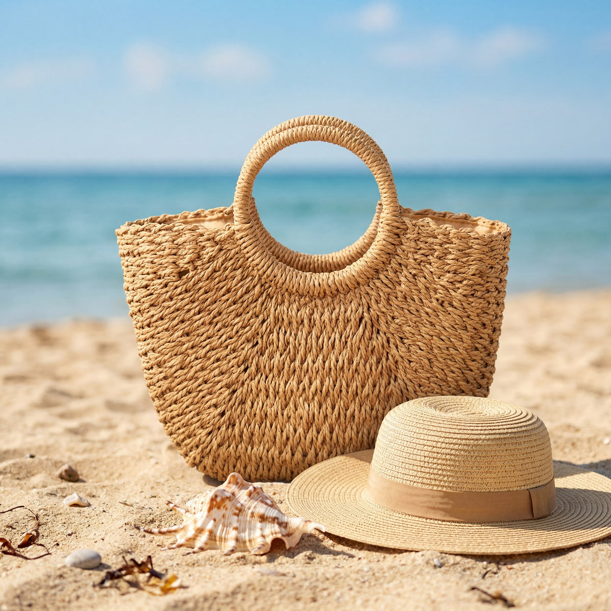Handmade Half-Moon Woven Straw Tote Bag