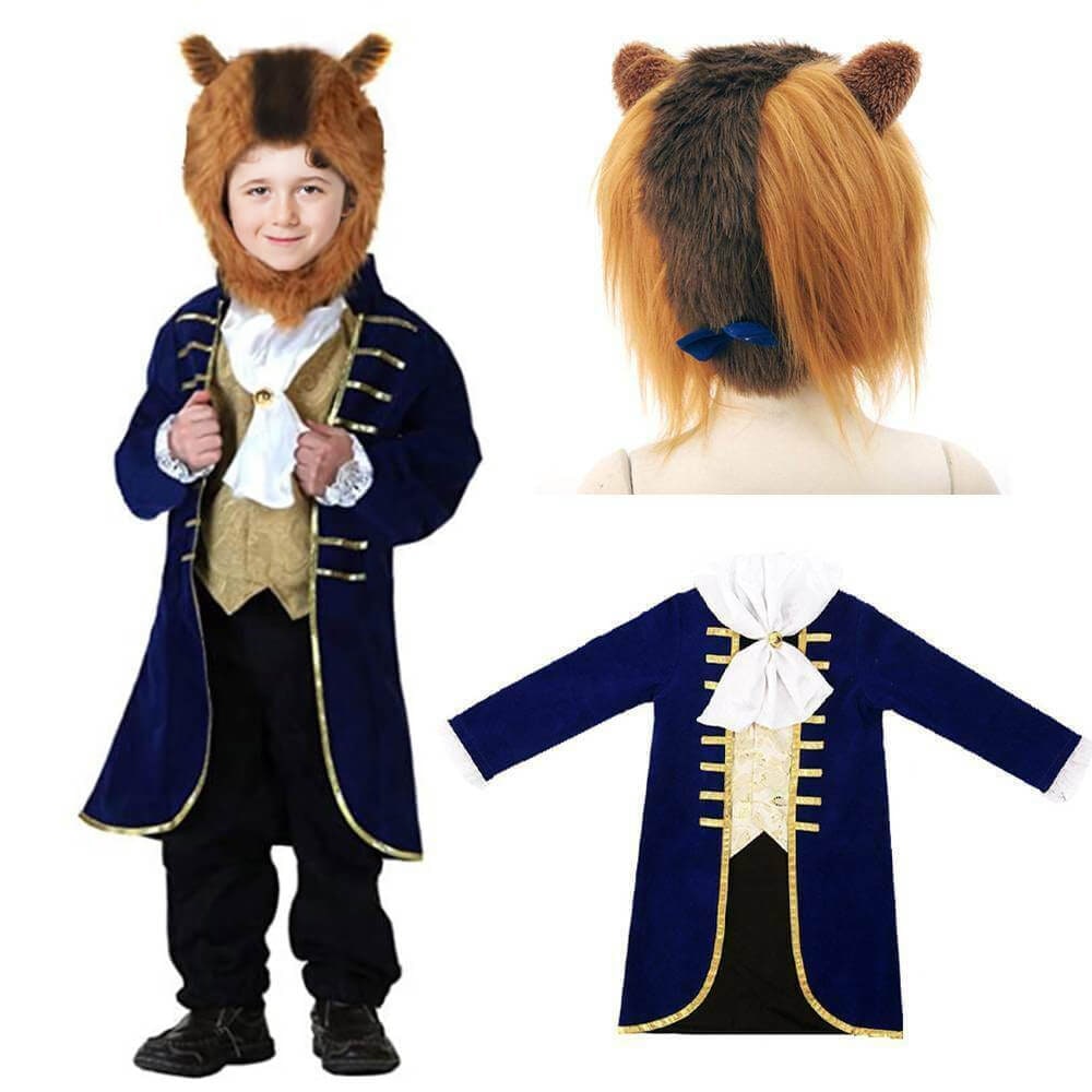 Boys Beauty and Beast Costume Velvet Jacket with Faux Fur Hood Halloween