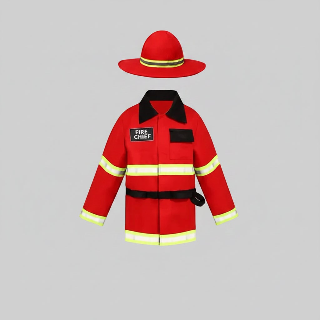 Boys Firefighter Costume Outfit with Reflective Stripes and Fire Chief Badge Halloween