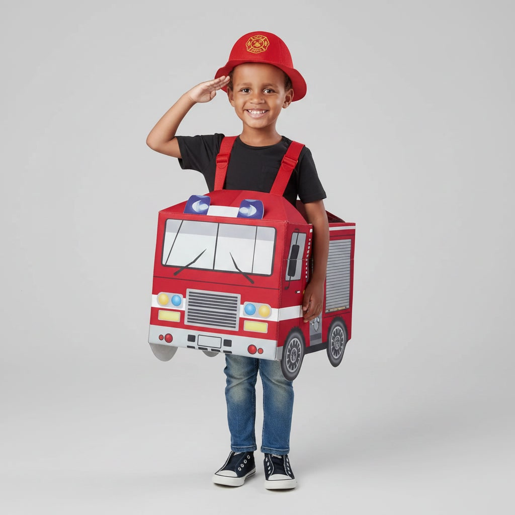 Boys Firefighter Costume Outfit with Reflective Stripes and Fire Chief Badge Halloween
