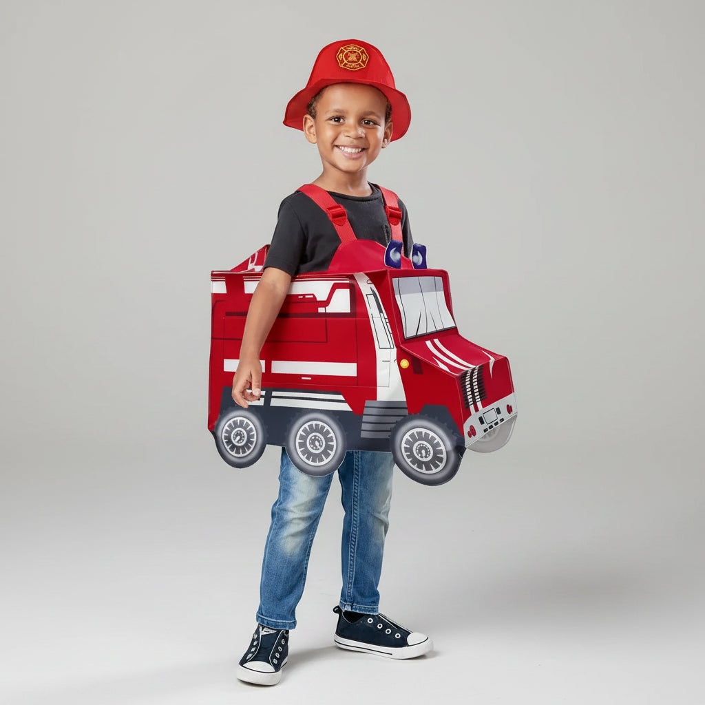 Boys Firefighter Costume Outfit with Reflective Stripes and Fire Chief Badge Halloween