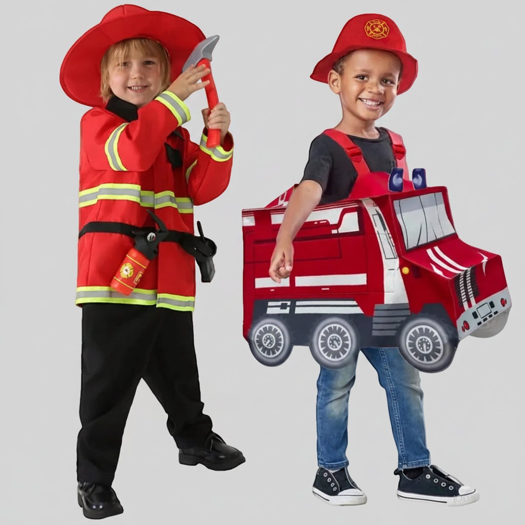 Boys Firefighter Costume Outfit with Reflective Stripes and Fire Chief Badge Halloween