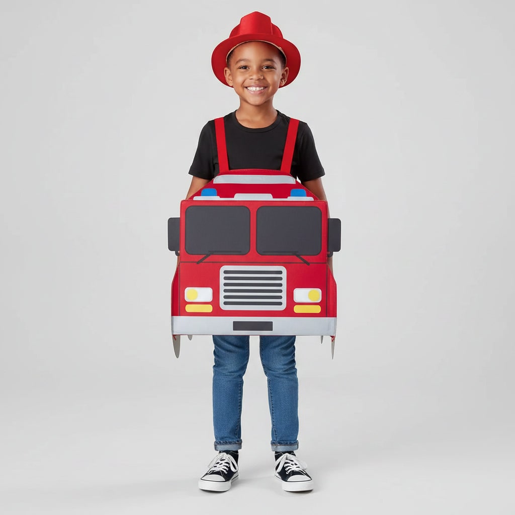 Boys Firefighter Costume Outfit with Reflective Stripes and Fire Chief Badge Halloween