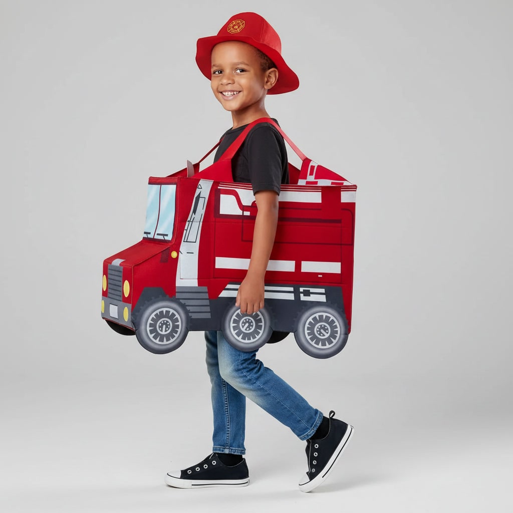 Boys Firefighter Costume Outfit with Reflective Stripes and Fire Chief Badge Halloween