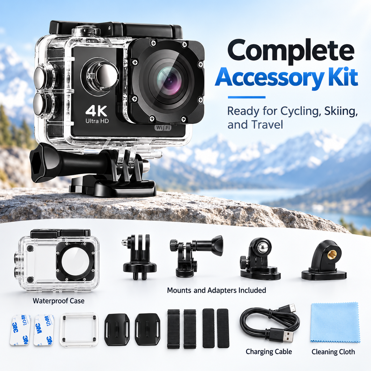 4K Ultra HD Action Camera Waterproof WiFi for Vlogging Sports