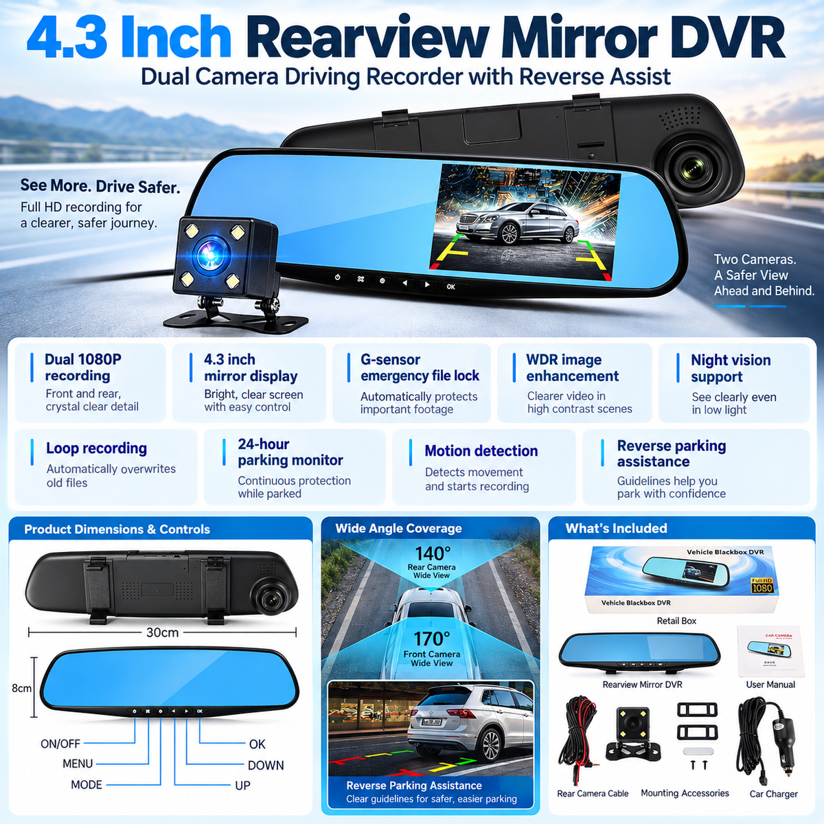 Dual Lens Dash Cam Front and Rear 1080P HD Car Camera Recorder