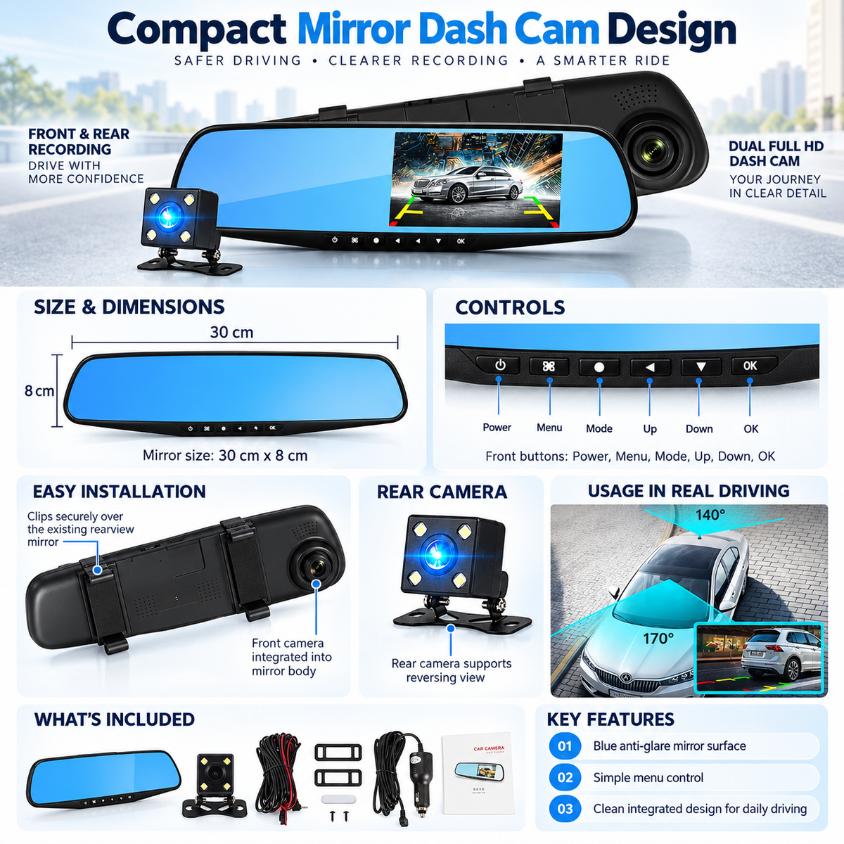 Dual Lens Dash Cam Front and Rear 1080P HD Car Camera Recorder