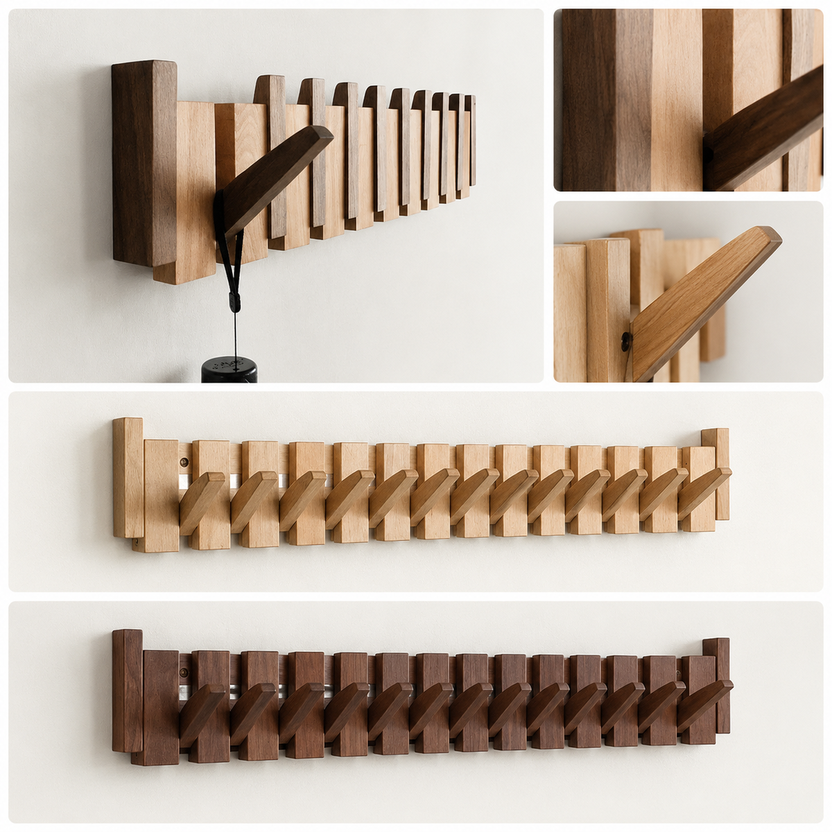 Wooden Coat Rack Wall Mounted Piano-Style Hooks