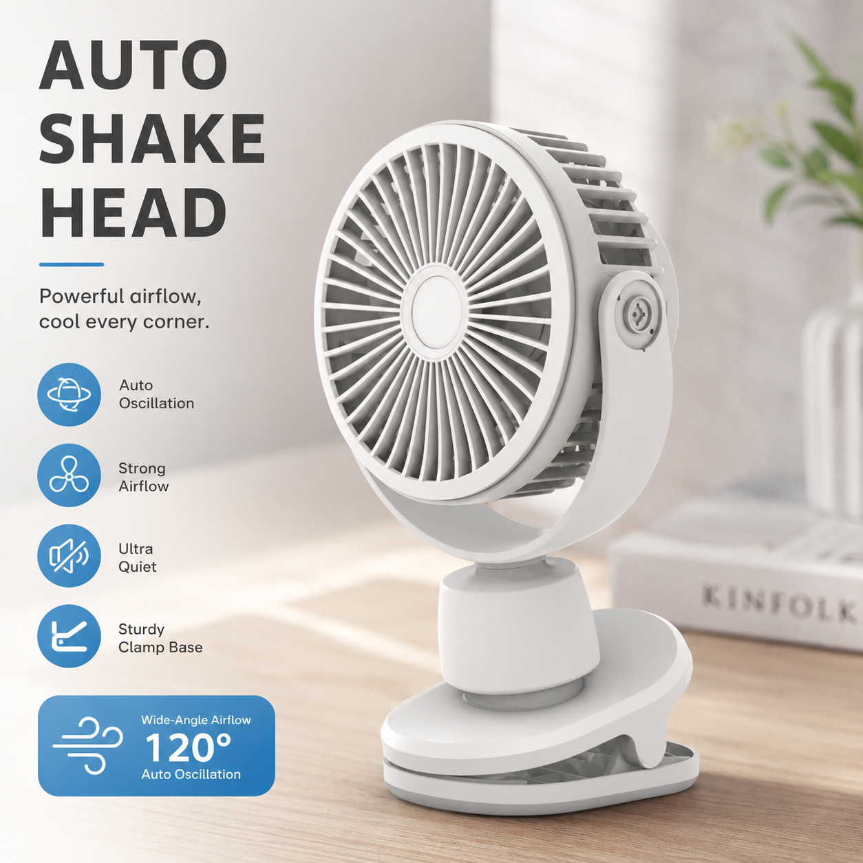 Rechargeable Clip-On Portable Desk Fan 4-Speed Quiet 10000mAh Battery