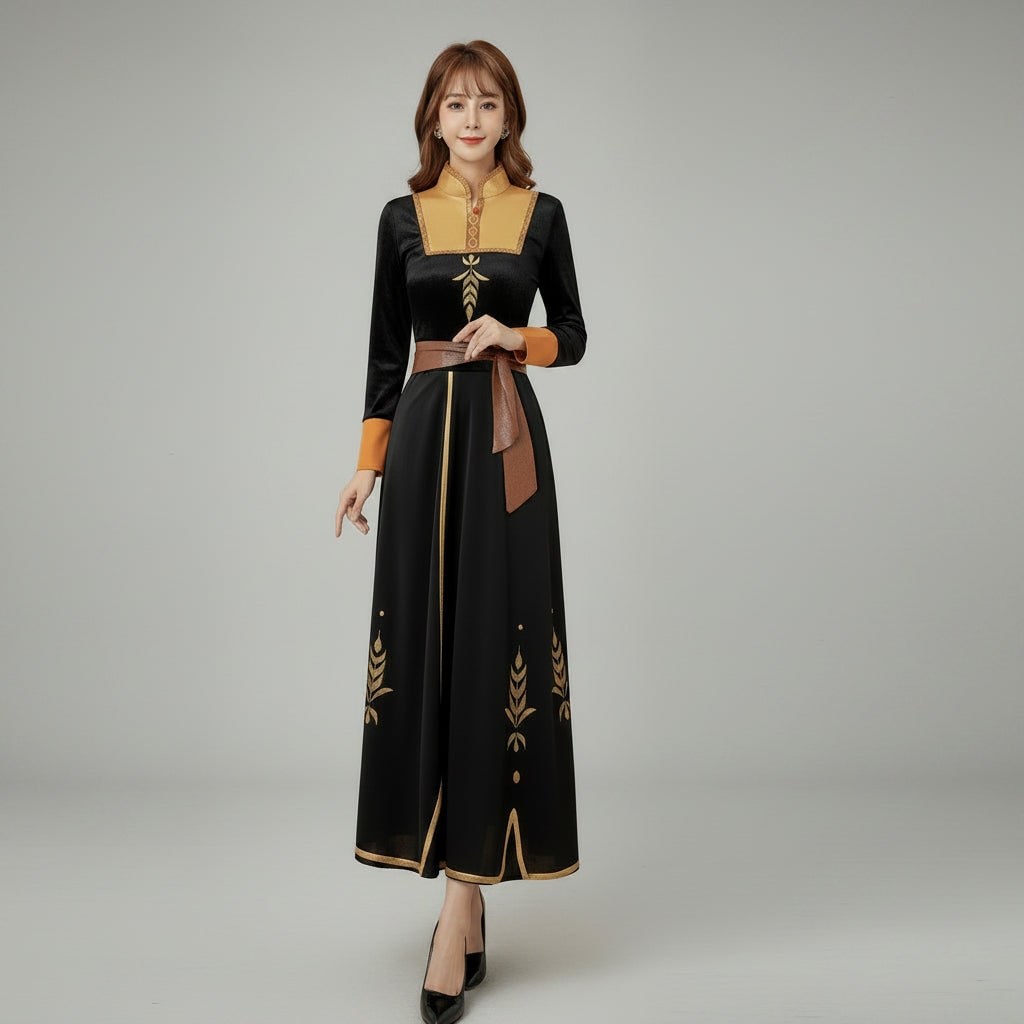 Adult Anna Princess Costume Dress with Cape Wheat Embroidery Mandarin Collar Halloween